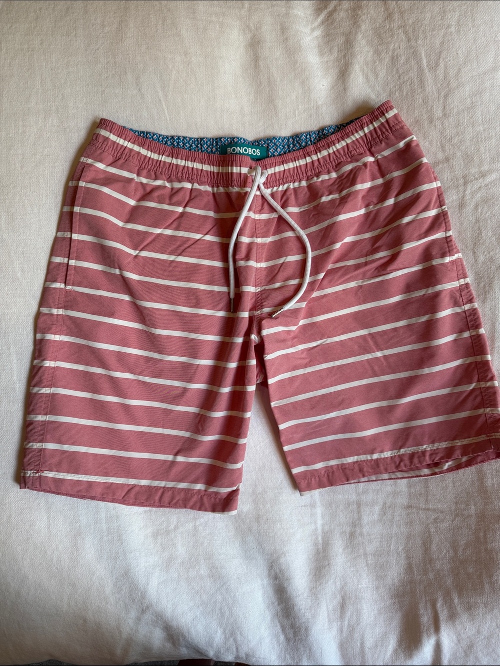 Bonobos Pink and White Striped Men's Swim Trunks